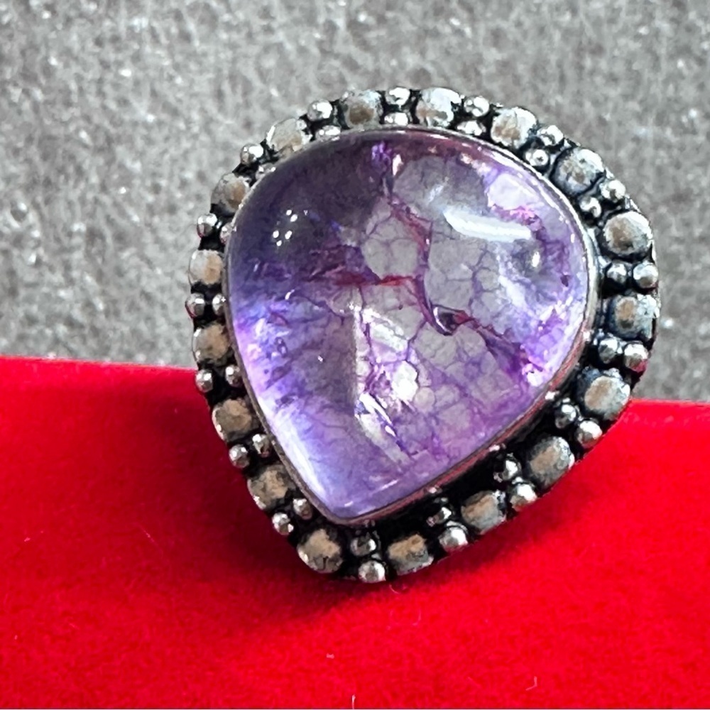 Artisan Jewelry PURPLE CRACKLE QUARTZ RING Silver Bezel Set Natural Stone 7.25